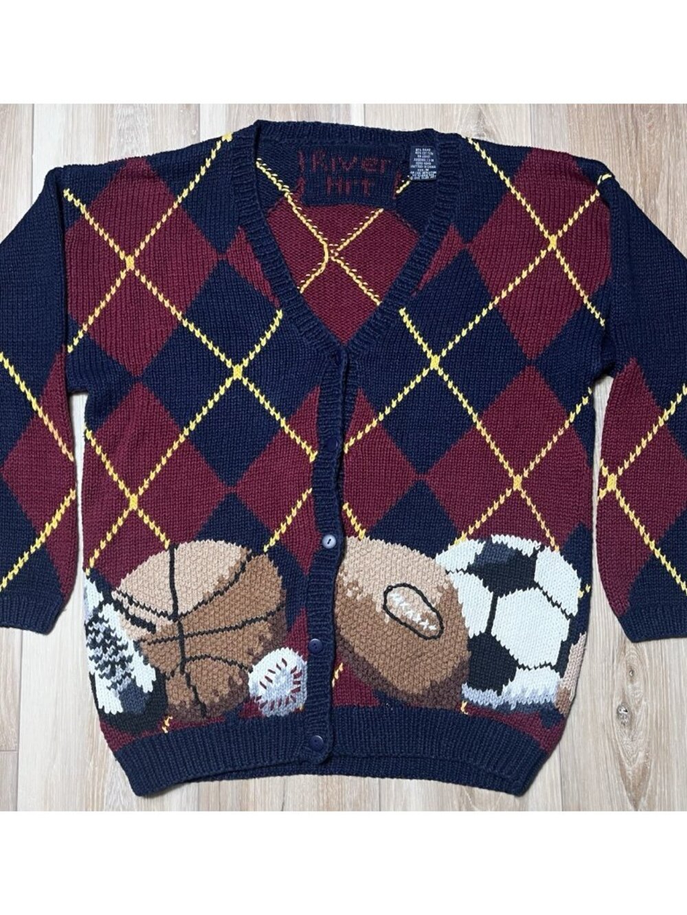 Vintage River Art Sport Theme Red Blue Argyle Cardigan Sweater - Size Medium